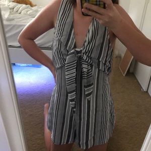 Gray and White Striped Tie-Front Button-Up Romper